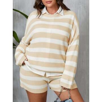 Beautife Womens Plus Size Lounge Sets Striped Knit 2 Piece Sweater Set Long Sleeve Tops and Shorts O...