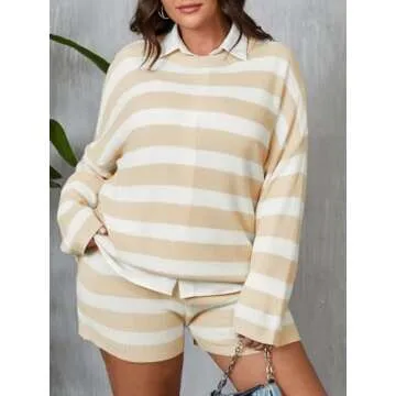 Beautife Womens Plus Size Lounge Sets Striped Knit 2 Piece Sweater Set Long Sleeve Tops and Shorts O...