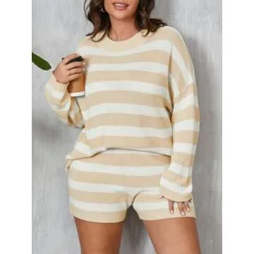 Beautife Womens Plus Size Lounge Sets Striped Knit 2 Piece Sweater Set Long Sleeve Tops and Shorts Oversized Outfits Apricot