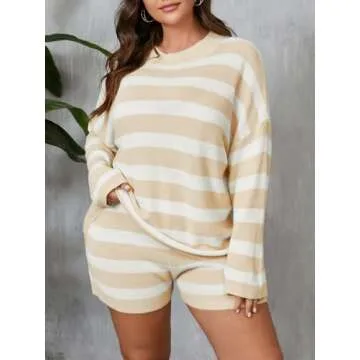 Beautife Womens Plus Size Lounge Sets Striped Knit 2 Piece Sweater Set Long Sleeve Tops and Shorts Oversized Outfits Apricot
