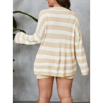 Beautife Womens Plus Size Lounge Sets Striped Knit 2 Piece Sweater Set Long Sleeve Tops and Shorts Oversized Outfits Apricot