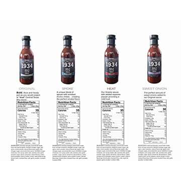 1934 BBQ Sauces - Original, Smoke, Heat & Sweet Onion, 14 OZ. Bottles, 4 Pack | No High Fructose Corn Syrup