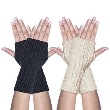 Loritta Womens Fingerless Gloves Winter Warm Knit Crochet Thumbhole Arm Warmers,B3- Black+beige(2 Pairs)