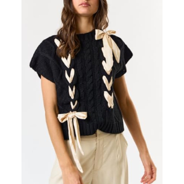 Women Sleeveless Lace Up Ribbon Sweater Mock Neck Cap Sleeve Knit Vest Cute Bow Crochet Pullover Y2k Aesthetic Top Black