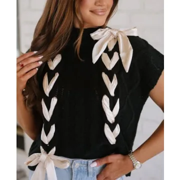 Women Sleeveless Lace Up Ribbon Sweater Mock Neck Cap Sleeve Knit Vest Cute Bow Crochet Pullover Y2k Aesthetic Top Black