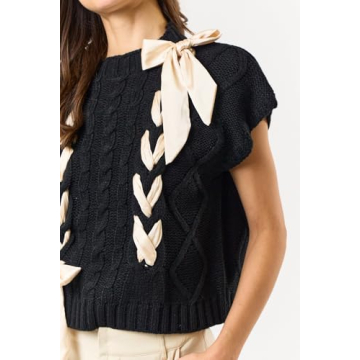 Women Sleeveless Lace Up Ribbon Sweater Mock Neck Cap Sleeve Knit Vest Cute Bow Crochet Pullover Y2k Aesthetic Top Black