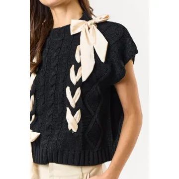 Women Sleeveless Lace Up Ribbon Sweater Mock Neck Cap Sleeve Knit Vest Cute Bow Crochet Pullover Y2k Aesthetic Top Black