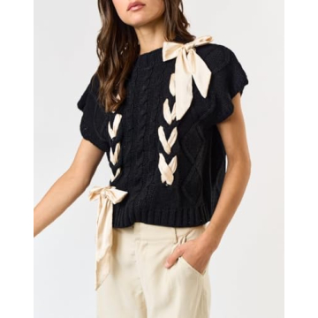 Women Sleeveless Lace Up Ribbon Sweater Mock Neck Cap Sleeve Knit Vest Cute Bow Crochet Pullover Y2k Aesthetic Top Black