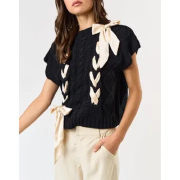 Women Sleeveless Lace Up Ribbon Sweater Mock Neck Cap Sleeve Knit Vest Cute Bow Crochet Pullover Y2k Aesthetic Top Black