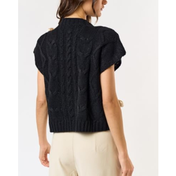 Women Sleeveless Lace Up Ribbon Sweater Mock Neck Cap Sleeve Knit Vest Cute Bow Crochet Pullover Y2k Aesthetic Top Black