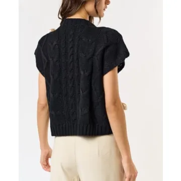 Women Sleeveless Lace Up Ribbon Sweater Mock Neck Cap Sleeve Knit Vest Cute Bow Crochet Pullover Y2k Aesthetic Top Black