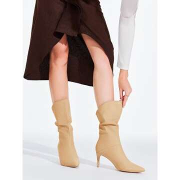 Coutgo Womens Slouchy Mid Calf Boots Stiletto High Heel Leather Booties Pointed Toe Pull on Fall Win...