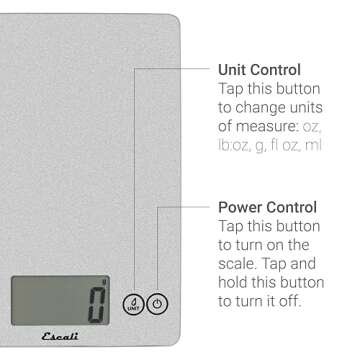 Escali Arti Glass Food Scale Digital Countertop Kitchen, Baking and Cooking Scale with Nutrition and Calorie Counter, 15-Pound Capacity, 9" x 6.5" x .75", Shiny Silver