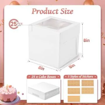 DOYIDE 25Pcs 8x8x8 Inch Cake Boxes, White Bakery Boxes with Window, Square Disposable Cake Containers Package for Cookies Pies Bake Decorating Supplies Cupcakes Cajas Pasteles (15 Pcs Stickers)