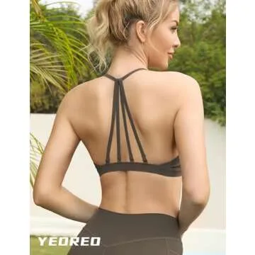 YEOREO Padded Strappy Open Back Gym Bra for Women, Light Support Yoga Crop Top Coffee XS