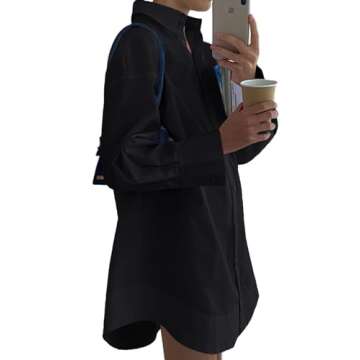 LYANER Women's Casual Shirt Dress Collar V Neck Button Down Loose Long Sleeve Mini Dresses Solid Bla...