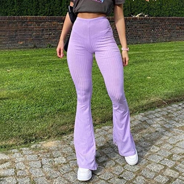 Purple High Waist Ribbed Knit Flare Pants for Women
