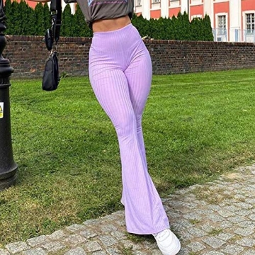 Purple High Waist Ribbed Knit Flare Pants for Women