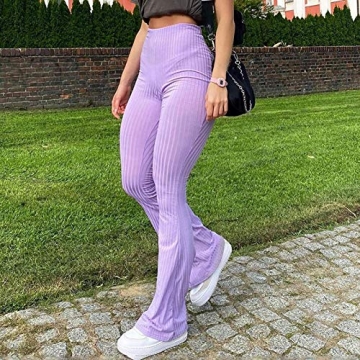 Purple High Waist Ribbed Knit Flare Pants for Women