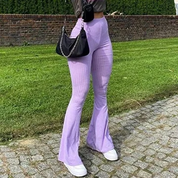 Purple High Waist Ribbed Knit Flare Pants for Women