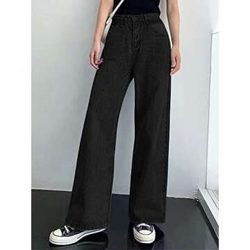 HDLTE Women Wide Leg Jeans Junior High Waist Baggy Jeans Loose Boyfriends Jeans Black Washed
