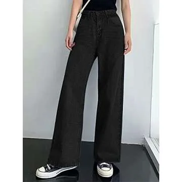 HDLTE Women Wide Leg Jeans Junior High Waist Baggy Jeans Loose Boyfriends Jeans Black Washed