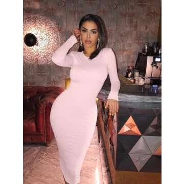 XXTAXN Women's Sexy Bodycon Long Sleeve Round Neck Work Office Midi Pencil Dress Pink