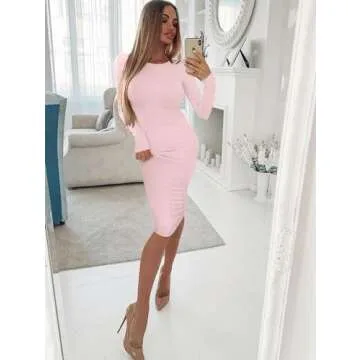 XXTAXN Women's Sexy Bodycon Long Sleeve Round Neck Work Office Midi Pencil Dress Pink