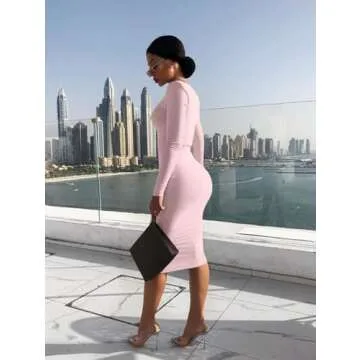 XXTAXN Women's Sexy Bodycon Long Sleeve Round Neck Work Office Midi Pencil Dress Pink