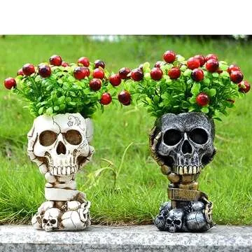 Halloween Vase, Skull Planter Pot, Halloween Planter, Skull Flower Pot, Goth Flower Pots, Skull Decor, Day of the Dead Planters, Gothic Plant Pots Indoor/Outdoor/Home Decorations Gifts(Antique White)…
