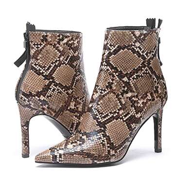 Jimishow Snakeskin Booties Heeled Python Ankle Boots Women Stiletto High Heels Pointed Toe Zipper Back Stylish Walking Shoes US Size 5.5 Snakeskin Brown