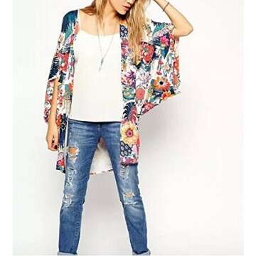 Relipop Women's Sheer Chiffon Blouse Floral Kimono Cardigan