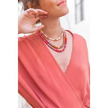 Surfer Heishi Bead Choker Necklace For Woman Star Pearl Polymer Clay Record Disc Beads Layered Necklace Boho Beach Necklace jewelry (white)