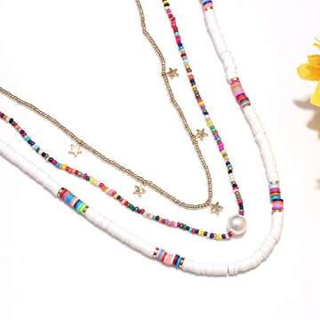 Surfer Heishi Bead Choker Necklace For Woman Star Pearl Polymer Clay Record Disc Beads Layered Necklace Boho Beach Necklace jewelry (white)