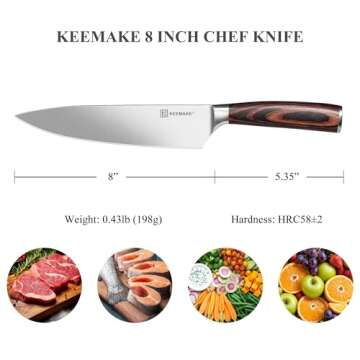 KEEMAKE Chef Knife 8 inch - Sharp Kitchen Knife High Carbon Stainless Steel Blade, Gyuto Knife Ergon...