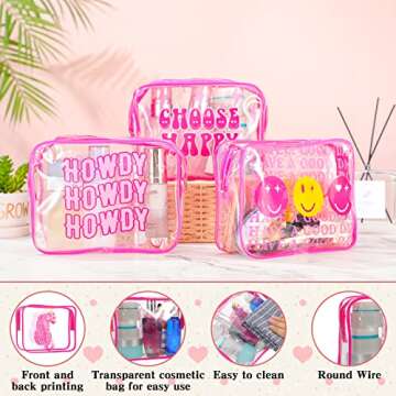 Cunno 6 Pcs Makeup Bags Gifts for Women Preppy Boho Smile Face Flamingo Clear Makeup Bags Cosmetic Bags Transparent PVC Travel Toiletry Organizer(Preppy Style)