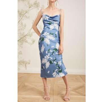 xxxiticat Women's Sleeveless Spaghetti Strap Satin Dress Cocktail Beach Evening Party Cowl Neck Dot Leopard Midi Dresses(BE,L)