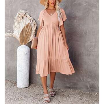 Zwurew Womens Boho Summer Dress Casual Short Sleeve Ruffle Flowy Smocked Midi Dress Maternity Dress