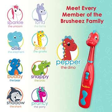 Brusheez Kids’ Electric Toothbrush Set - Safe & Effective for Ages 3+ - Parent Tested & Approved with Gentle Bristles, 2 Brush Heads, Rinse Cup, 2-Minute Timer, & Storage Base (Pepper The Dino)