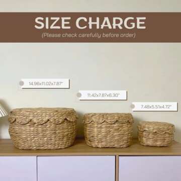 Scalloped Basket with Lid Set of 3,Stackable Baskets for Organizing, Scalloped Wicker Basket, Woven ...