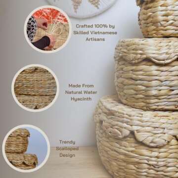 Scalloped Basket with Lid Set of 3,Stackable Baskets for Organizing, Scalloped Wicker Basket, Woven Basket With Lid, Water Hyacinth Storage Baskets with Lid, Basket With Lid Decorative Storage