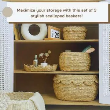 Scalloped Basket with Lid Set of 3,Stackable Baskets for Organizing, Scalloped Wicker Basket, Woven Basket With Lid, Water Hyacinth Storage Baskets with Lid, Basket With Lid Decorative Storage