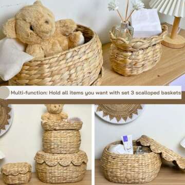 Scalloped Basket with Lid Set of 3,Stackable Baskets for Organizing, Scalloped Wicker Basket, Woven Basket With Lid, Water Hyacinth Storage Baskets with Lid, Basket With Lid Decorative Storage
