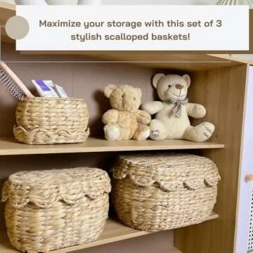 Scalloped Basket with Lid Set of 3,Stackable Baskets for Organizing, Scalloped Wicker Basket, Woven Basket With Lid, Water Hyacinth Storage Baskets with Lid, Basket With Lid Decorative Storage