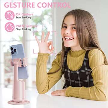 Auto Face Tracking Tripod, No App, 360° Rotation Face Body Phone Camera Mount Gesture Control, Smart Shooting Holder with 3000mAh Rechargeable Battery for Vlog, Streaming, Tiktok Trend Items (Pink)