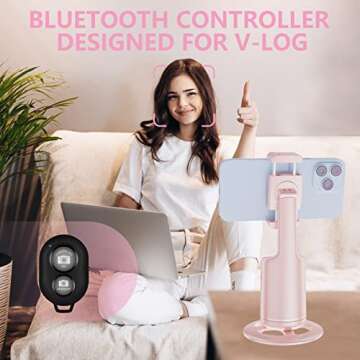 Auto Face Tracking Tripod, No App, 360° Rotation Face Body Phone Camera Mount Gesture Control, Smart Shooting Holder with 3000mAh Rechargeable Battery for Vlog, Streaming, Tiktok Trend Items (Pink)