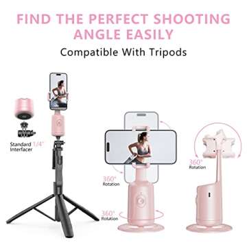 Auto Face Tracking Tripod, No App, 360° Rotation Face Body Phone Camera Mount Gesture Control, Smart Shooting Holder with 3000mAh Rechargeable Battery for Vlog, Streaming, Tiktok Trend Items (Pink)