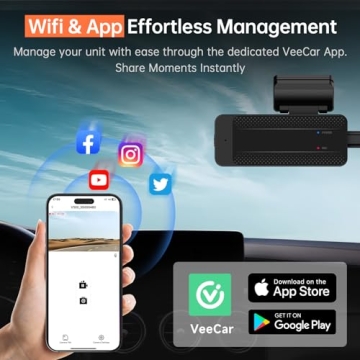 Dash Cam, 1296P Front Dashcam, Veement V300 WiFi Dash Camera for Cars with App, Night Vision, Mini Hidden Single Car Camera, Loop Recording, 24H Parking Mode, Support 256GB Max, Black