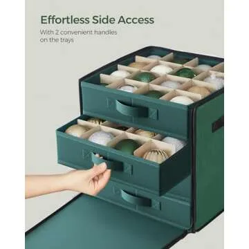 SONGMICS Christmas Ornament Storage Box, with Side Open, Stackable Christmas Storage Container with Lid, 4 Drawer Trays, 600D Oxford, 3-Inch 64 Slots, Forest Green URFB037C01