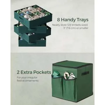 SONGMICS Christmas Ornament Storage Box, with Side Open, Stackable Christmas Storage Container with Lid, 4 Drawer Trays, 600D Oxford, 3-Inch 64 Slots, Forest Green URFB037C01